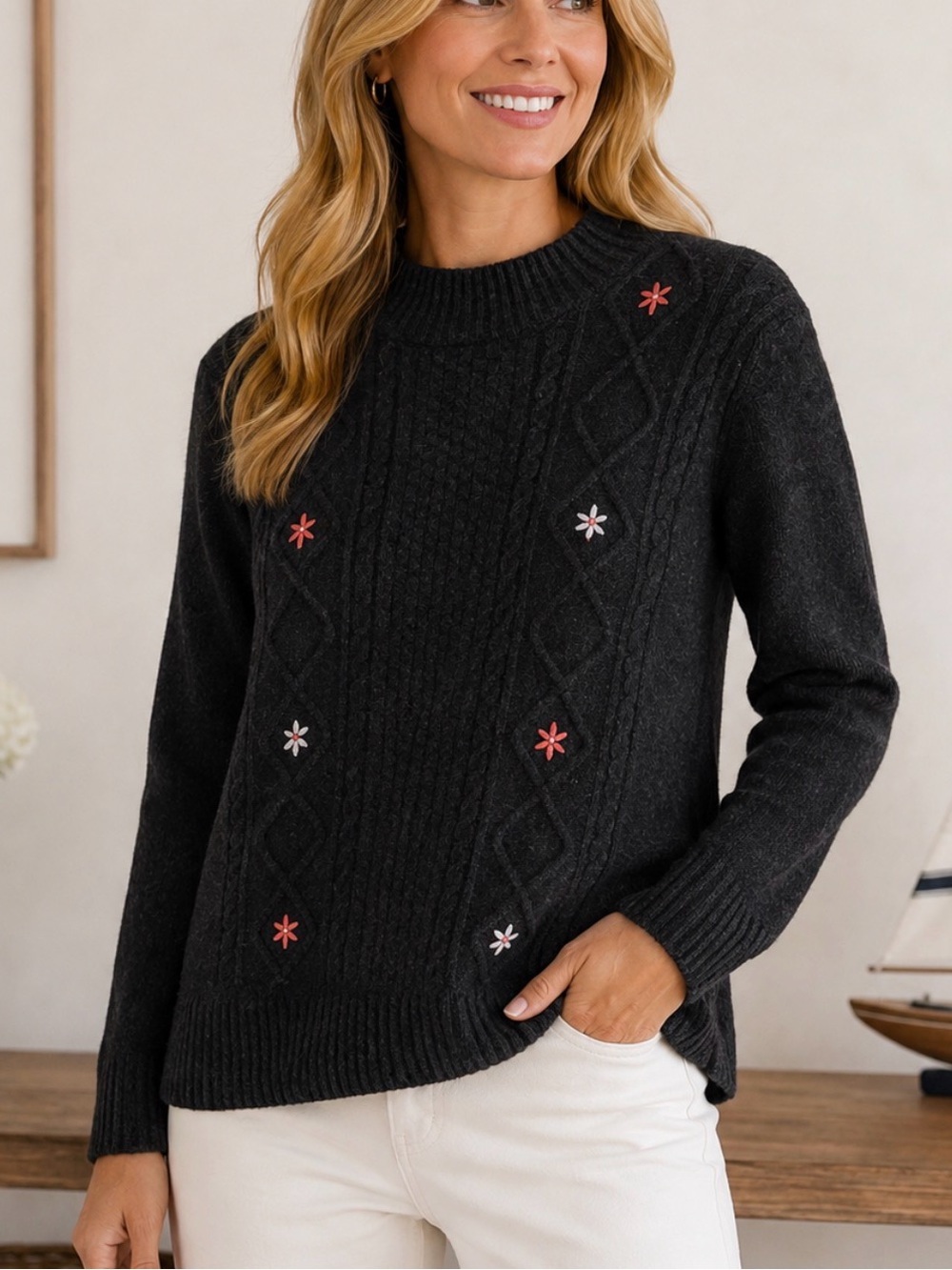 VTG Osborne floral embroidered wool grey mock neck long sleeve Y2K boho sweater